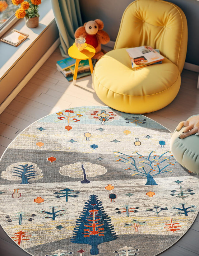 Ivory Gray Blue 3' 3 x 3' 3 Vivid Round Area Rug Colorful Modern Unique Indoor Easy Clean Durable Carpet Mat for Home Interior Design & Decor for Sale at Rug Engine