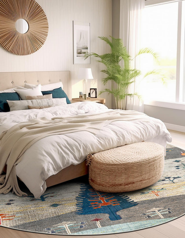 Ivory Gray Blue 7' 1 x 7' 1 Vivid Round Area Rug Colorful Modern Unique Indoor Easy Clean Durable Carpet Mat for Home Interior Design & Decor for Sale at Rug Engine