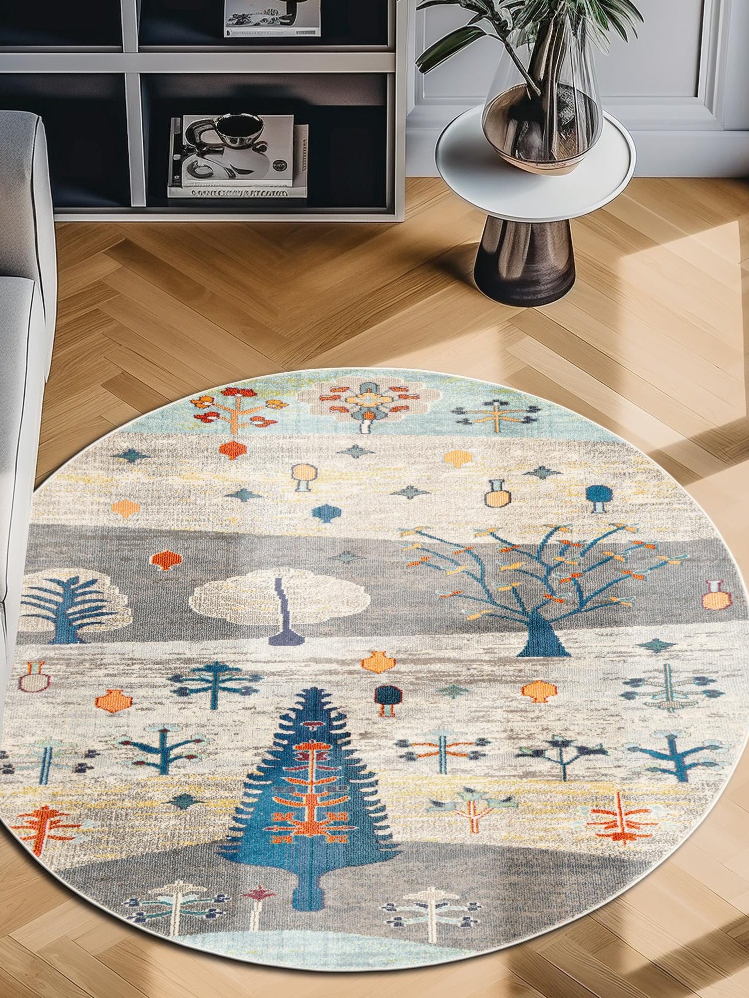 Ivory Gray Blue 3' 3 x 3' 3 Vivid Round Area Rug Colorful Modern Unique Indoor Easy Clean Durable Carpet Mat for Home Interior Design & Decor for Sale at Rug Engine