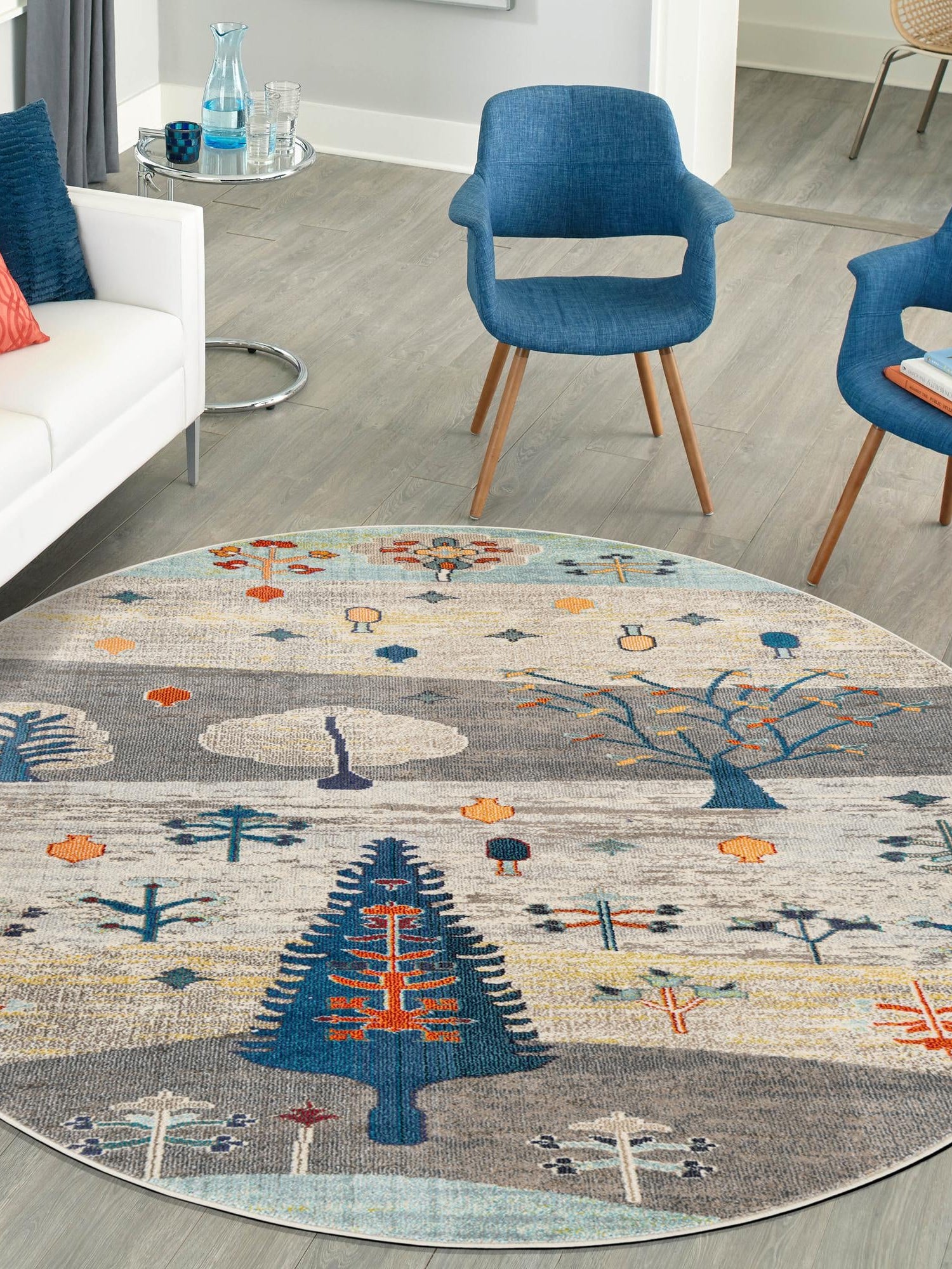 Ivory Gray Blue 3' 3 x 3' 3 Vivid Round Area Rug Colorful Modern Unique Indoor Easy Clean Durable Carpet Mat for Home Interior Design & Decor for Sale at Rug Engine