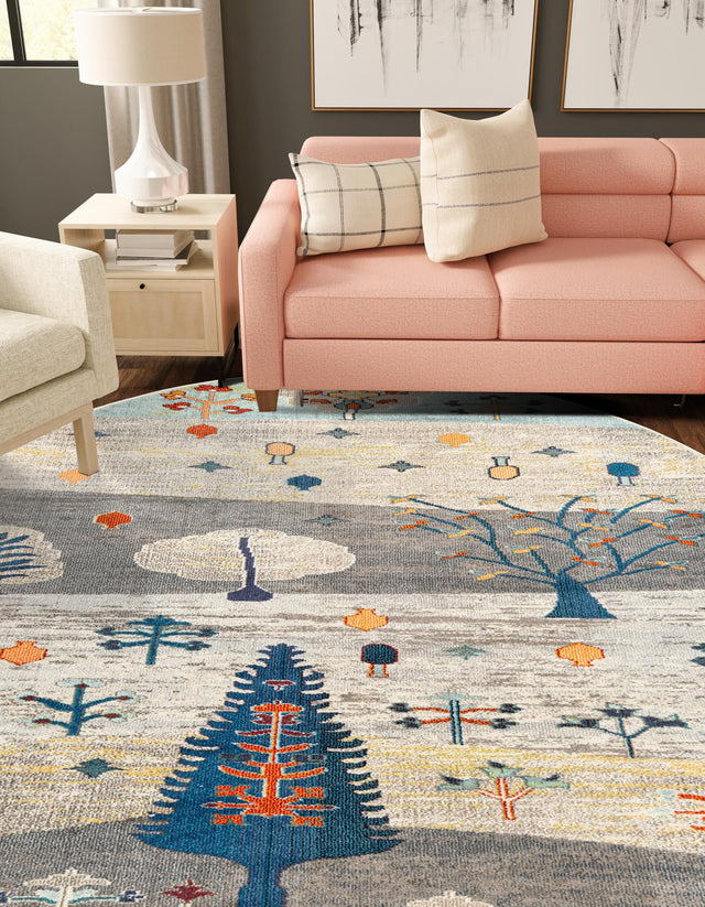 Ivory Gray Blue 3' 3 x 3' 3 Vivid Round Area Rug Colorful Modern Unique Indoor Easy Clean Durable Carpet Mat for Home Interior Design & Decor for Sale at Rug Engine