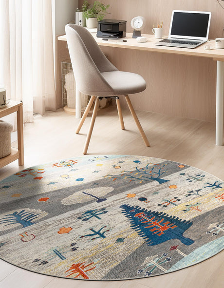 Ivory Gray Blue 7' 1 x 7' 1 Vivid Round Area Rug Colorful Modern Unique Indoor Easy Clean Durable Carpet Mat for Home Interior Design & Decor for Sale at Rug Engine