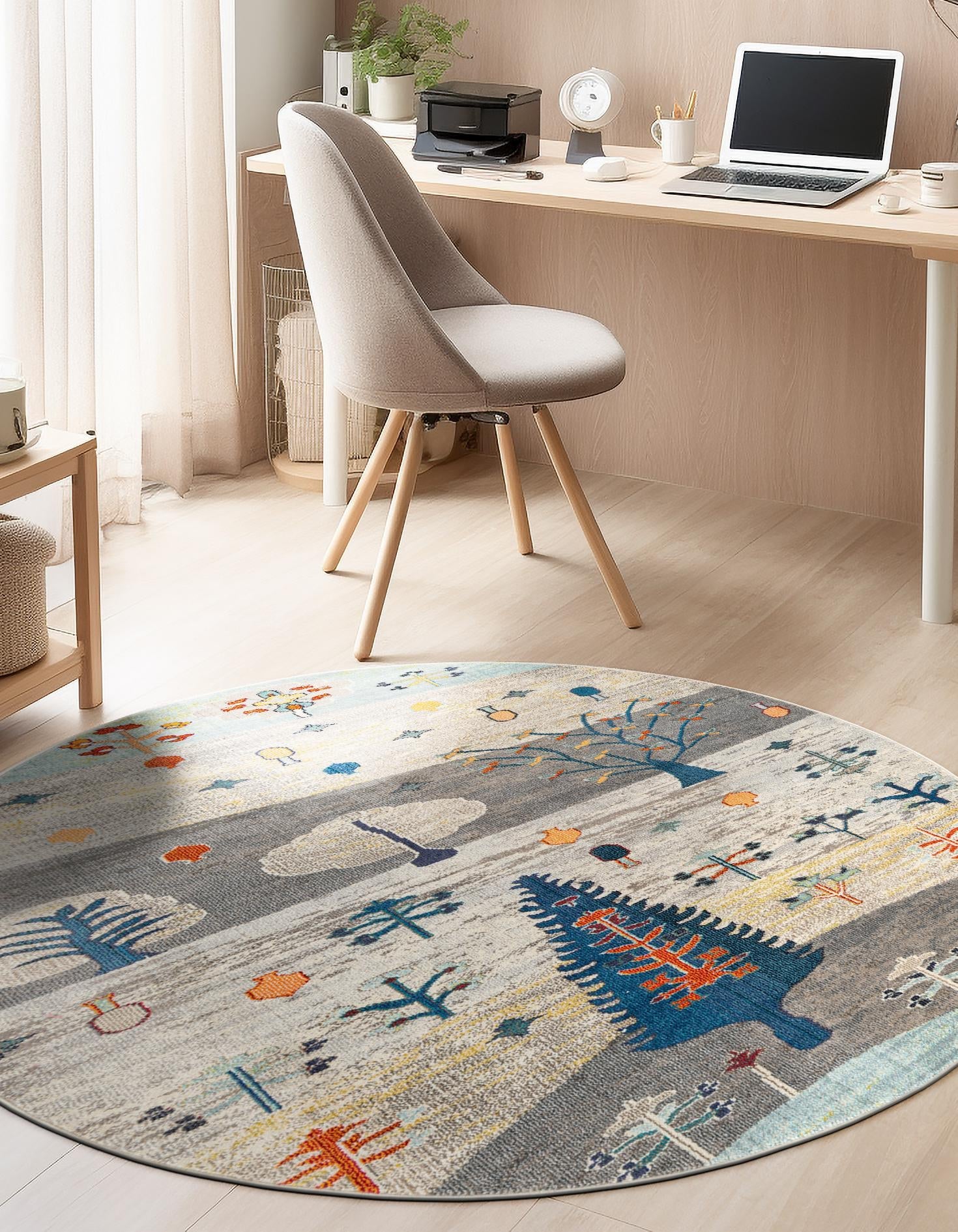 Ivory Gray Blue 3' 3 x 3' 3 Vivid Round Area Rug Colorful Modern Unique Indoor Easy Clean Durable Carpet Mat for Home Interior Design & Decor for Sale at Rug Engine