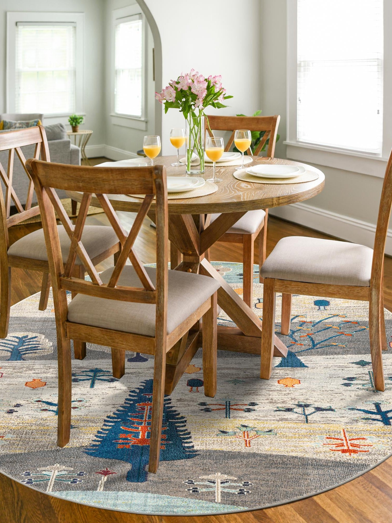 Ivory Gray Blue 7' 1 x 7' 1 Vivid Round Area Rug Colorful Modern Unique Indoor Easy Clean Durable Carpet Mat for Home Interior Design & Decor for Sale at Rug Engine