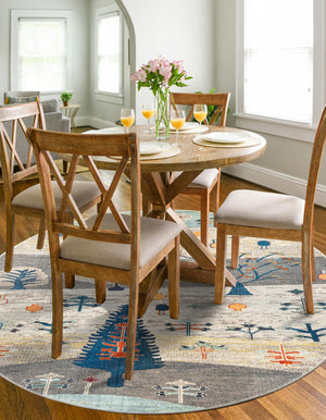 Ivory Gray Blue 7' 1 x 7' 1 Vivid Round Area Rug Colorful Modern Unique Indoor Easy Clean Durable Carpet Mat for Home Interior Design & Decor for Sale at Rug Engine