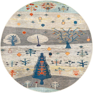 Ivory Gray Blue 7' 1 x 7' 1 Vivid Round Area Rug Colorful Modern Unique Indoor Easy Clean Durable Carpet Mat for Home Interior Design & Decor for Sale at Rug Engine