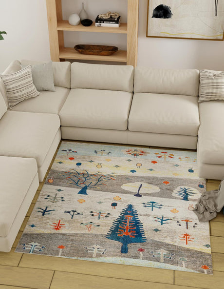 Ivory Gray Blue 9' 10 x 9' 10 Vivid Square Area Rug Colorful Modern Unique Indoor Easy Clean Durable Carpet Mat for Home Interior Design & Decor for Sale at Rug Engine