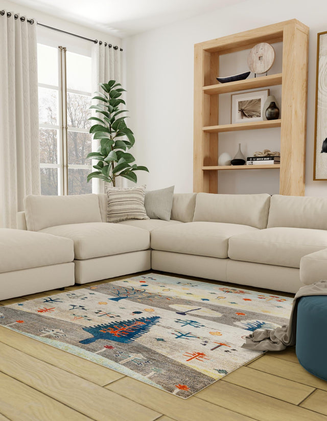 Ivory Gray Blue 7' 10 x 7' 10 Vivid Square Area Rug Colorful Modern Unique Indoor Easy Clean Durable Carpet Mat for Home Interior Design & Decor for Sale at Rug Engine