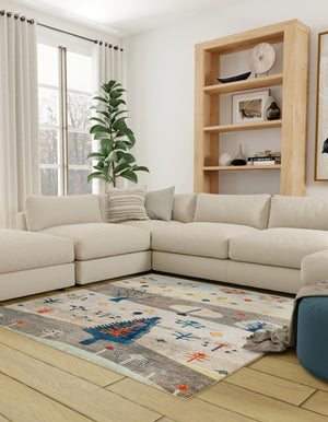 Ivory Gray Blue 9' 10 x 9' 10 Vivid Square Area Rug Colorful Modern Unique Indoor Easy Clean Durable Carpet Mat for Home Interior Design & Decor for Sale at Rug Engine
