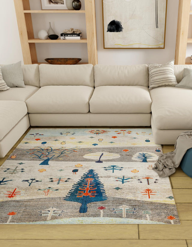 Ivory Gray Blue 9' 10 x 9' 10 Vivid Square Area Rug Colorful Modern Unique Indoor Easy Clean Durable Carpet Mat for Home Interior Design & Decor for Sale at Rug Engine