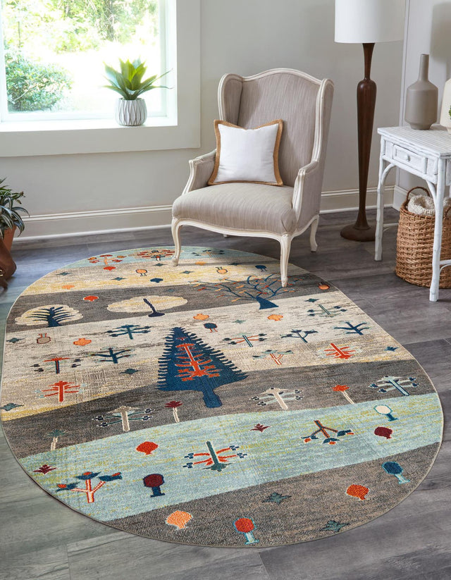 Ivory Gray Blue 7' 10 x 10' Vivid Oval Area Rug Colorful Modern Unique Indoor Easy Clean Durable Carpet Mat for Home Interior Design & Decor for Sale at Rug Engine