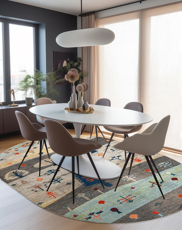 Ivory Gray Blue 7' 10 x 10' Vivid Oval Area Rug Colorful Modern Unique Indoor Easy Clean Durable Carpet Mat for Home Interior Design & Decor for Sale at Rug Engine