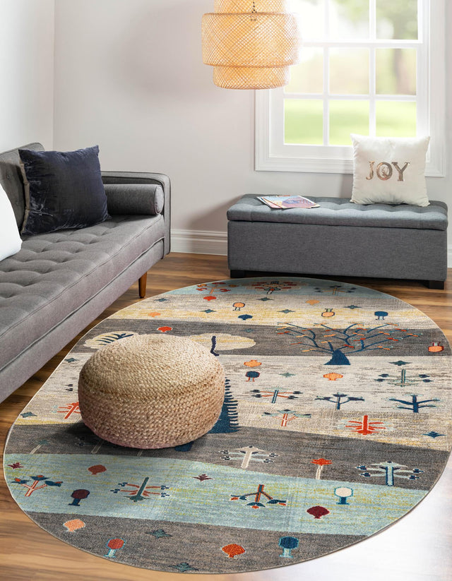 Ivory Gray Blue 7' 10 x 10' Vivid Oval Area Rug Colorful Modern Unique Indoor Easy Clean Durable Carpet Mat for Home Interior Design & Decor for Sale at Rug Engine