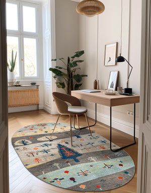 Ivory Gray Blue 7' 10 x 10' Vivid Oval Area Rug Colorful Modern Unique Indoor Easy Clean Durable Carpet Mat for Home Interior Design & Decor for Sale at Rug Engine