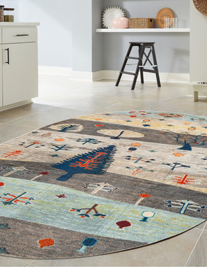 Ivory Gray Blue 7' 10 x 10' Vivid Oval Area Rug Colorful Modern Unique Indoor Easy Clean Durable Carpet Mat for Home Interior Design & Decor for Sale at Rug Engine