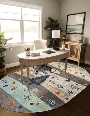 Ivory Gray Blue 7' 10 x 10' Vivid Oval Area Rug Colorful Modern Unique Indoor Easy Clean Durable Carpet Mat for Home Interior Design & Decor for Sale at Rug Engine
