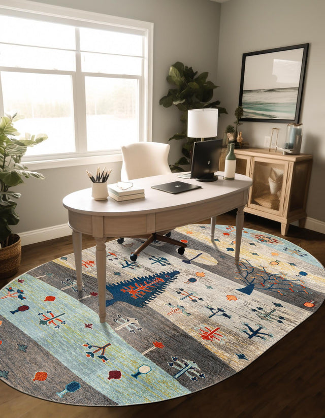Ivory Gray Blue 7' 10 x 10' Vivid Oval Area Rug Colorful Modern Unique Indoor Easy Clean Durable Carpet Mat for Home Interior Design & Decor for Sale at Rug Engine