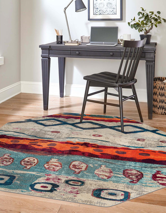 Multicolor 5' 3 x 5' 3 Vivid Octagon Area Rug Colorful Modern Unique Indoor Easy Clean Durable Carpet Mat for Home Interior Design & Decor for Sale at Rug Engine