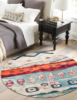 Multicolor 7' 1 x 7' 1 Vivid Round Area Rug Colorful Modern Unique Indoor Easy Clean Durable Carpet Mat for Home Interior Design & Decor for Sale at Rug Engine