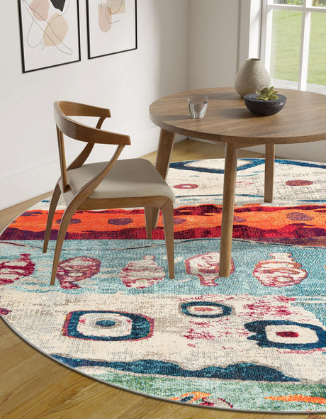 Multicolor 7' 1 x 7' 1 Vivid Round Area Rug Colorful Modern Unique Indoor Easy Clean Durable Carpet Mat for Home Interior Design & Decor for Sale at Rug Engine