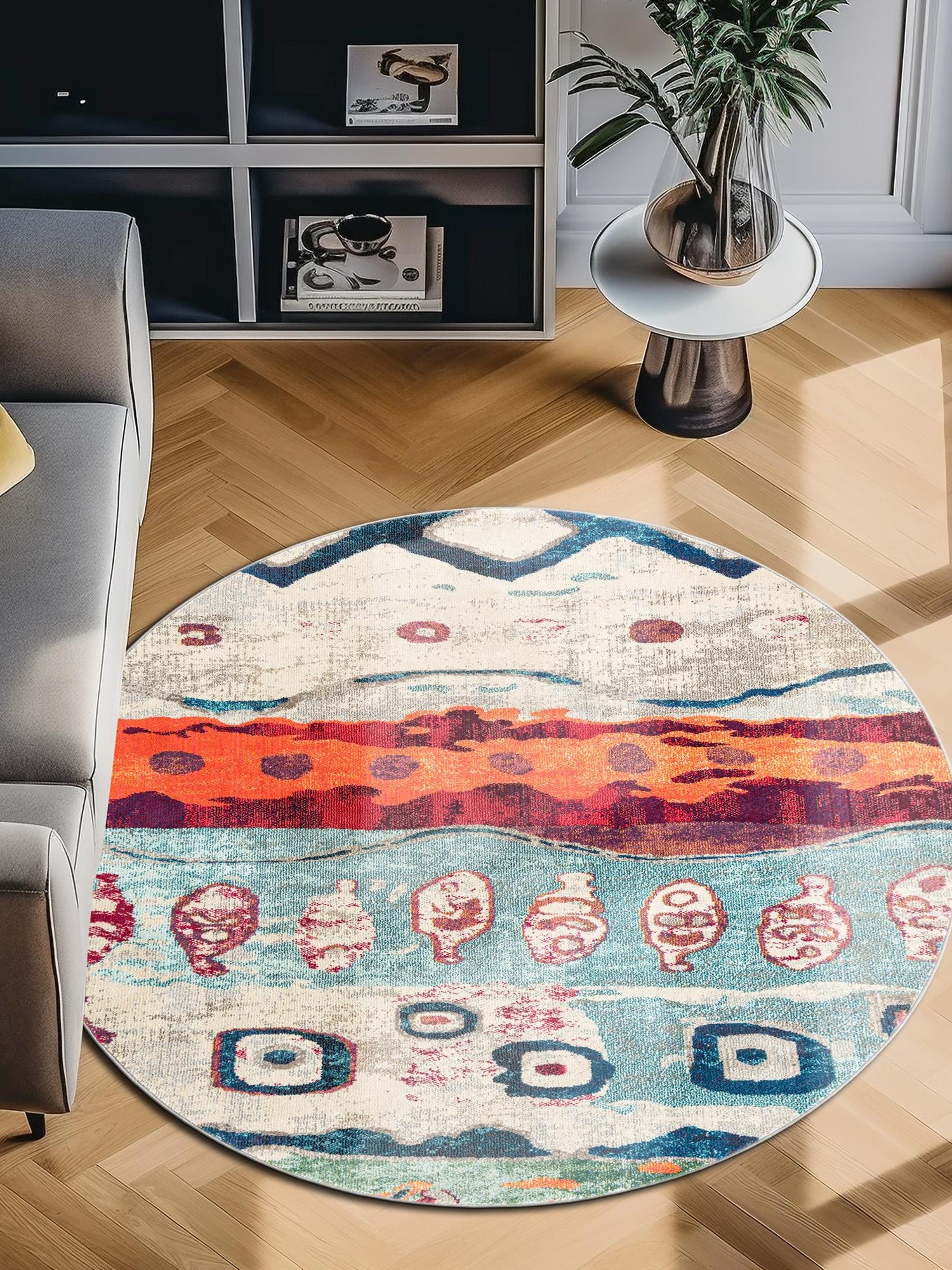 Multicolor 3' 3 x 3' 3 Vivid Round Area Rug Colorful Modern Unique Indoor Easy Clean Durable Carpet Mat for Home Interior Design & Decor for Sale at Rug Engine