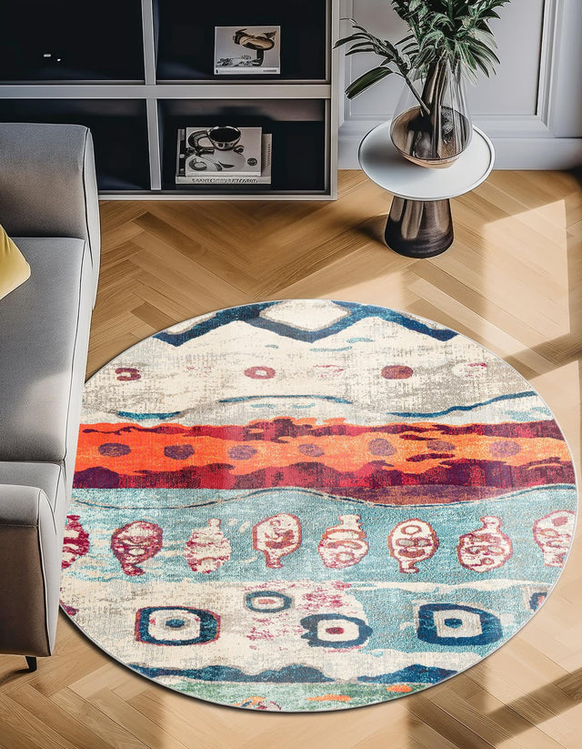 Multicolor 3' 3 x 3' 3 Vivid Round Area Rug Colorful Modern Unique Indoor Easy Clean Durable Carpet Mat for Home Interior Design & Decor for Sale at Rug Engine