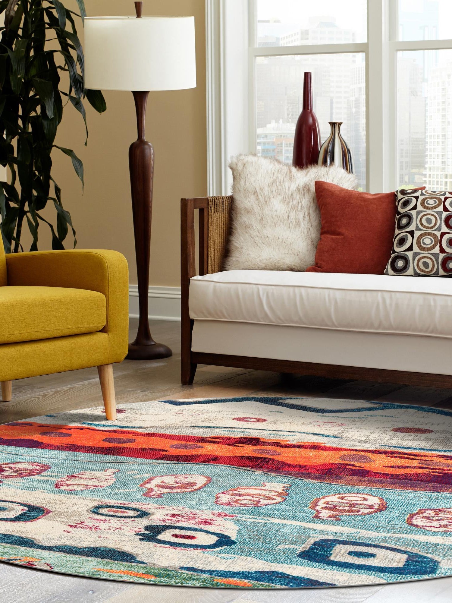 Multicolor 3' 3 x 3' 3 Vivid Round Area Rug Colorful Modern Unique Indoor Easy Clean Durable Carpet Mat for Home Interior Design & Decor for Sale at Rug Engine