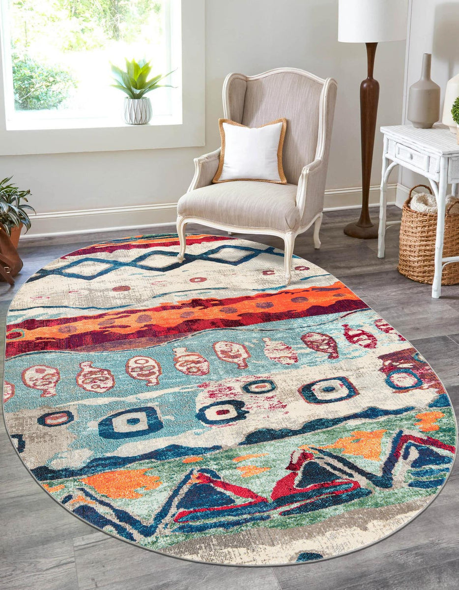 Off Center Rugs Multicolor 7' 10 x 10' Vivid Oval Area Rug Colorful Modern Unique Indo ...