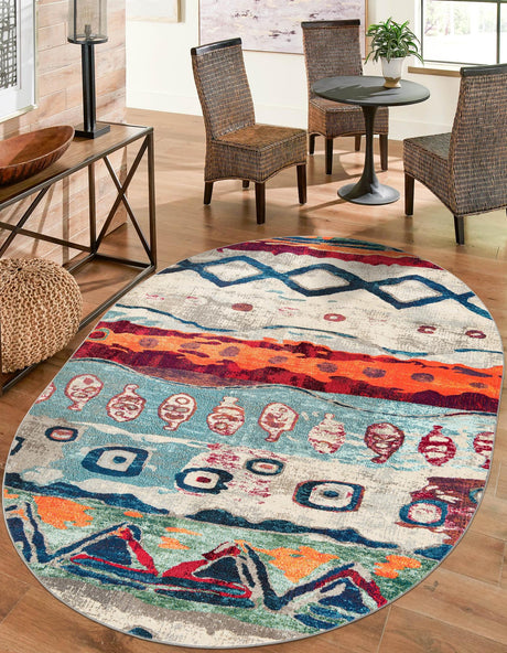 Multicolor 7' 10 x 10' Vivid Oval Area Rug Colorful Modern Unique Indoor Easy Clean Durable Carpet Mat for Home Interior Design & Decor for Sale at Rug Engine