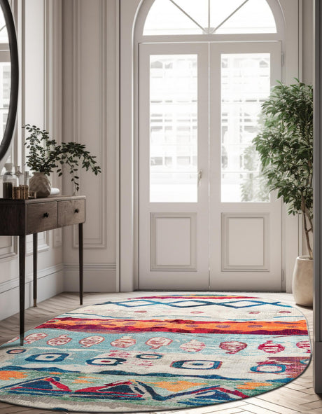 Multicolor 7' 10 x 10' Vivid Oval Area Rug Colorful Modern Unique Indoor Easy Clean Durable Carpet Mat for Home Interior Design & Decor for Sale at Rug Engine