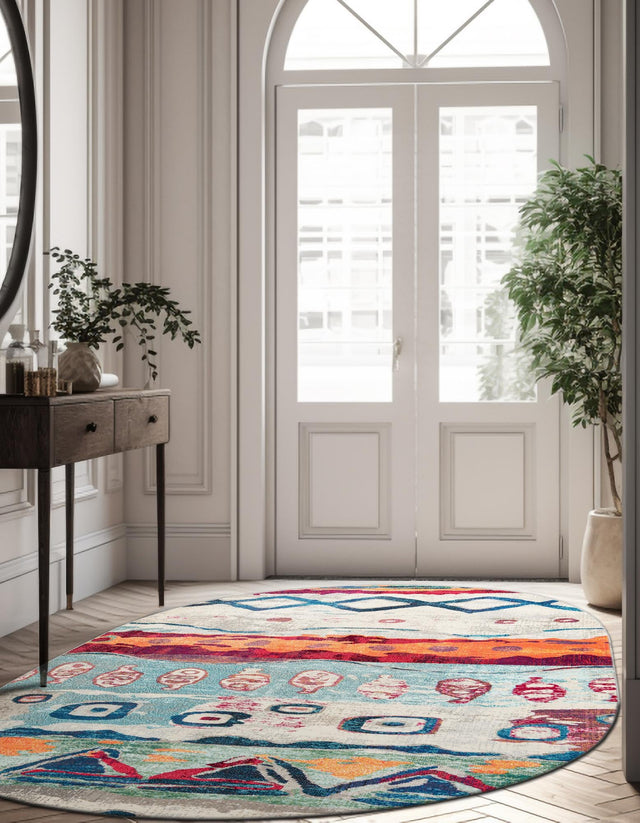 Multicolor 7' 10 x 10' Vivid Oval Area Rug Colorful Modern Unique Indoor Easy Clean Durable Carpet Mat for Home Interior Design & Decor for Sale at Rug Engine