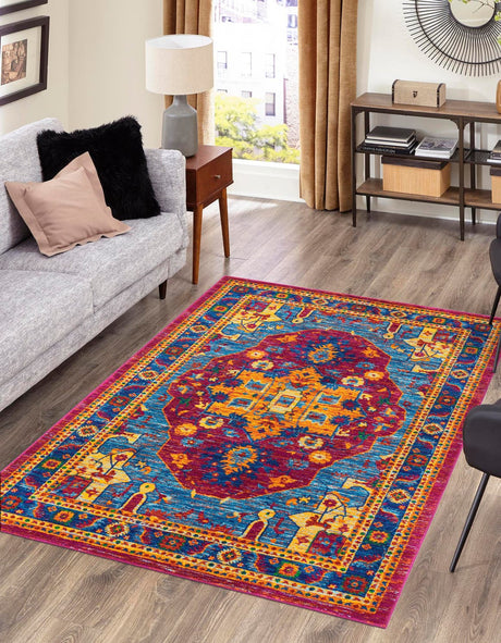 Pink Blue 4' 1 x 6' 1 Calypso Rectangle Area Rug 100% Polypropylene With Cotton Backing Colorful Vivid Traditional Design Carpet for Living Office Dining Rooms for Sale at Rug Engine