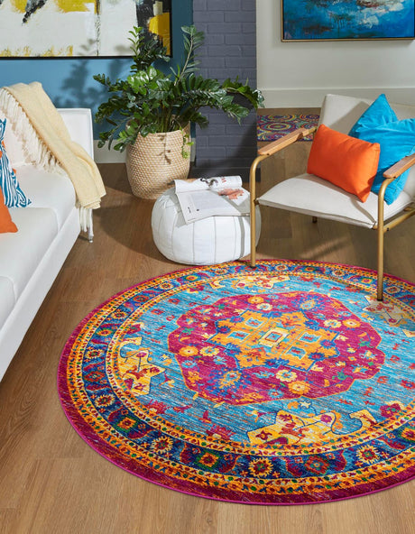 Pink Blue 4' 1 x 4' 1 Calypso Round Area Rug 100% Polypropylene With Cotton Backing Colorful Vivid Traditional Design Carpet for Living Office Dining Rooms for Sale at Rug Engine