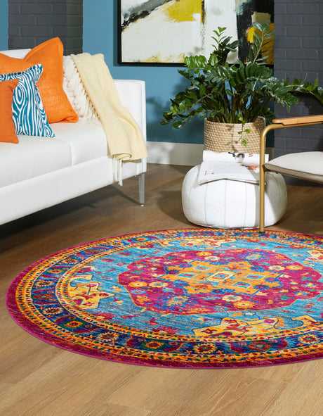 Pink Blue 4' 1 x 4' 1 Calypso Round Area Rug 100% Polypropylene With Cotton Backing Colorful Vivid Traditional Design Carpet for Living Office Dining Rooms for Sale at Rug Engine