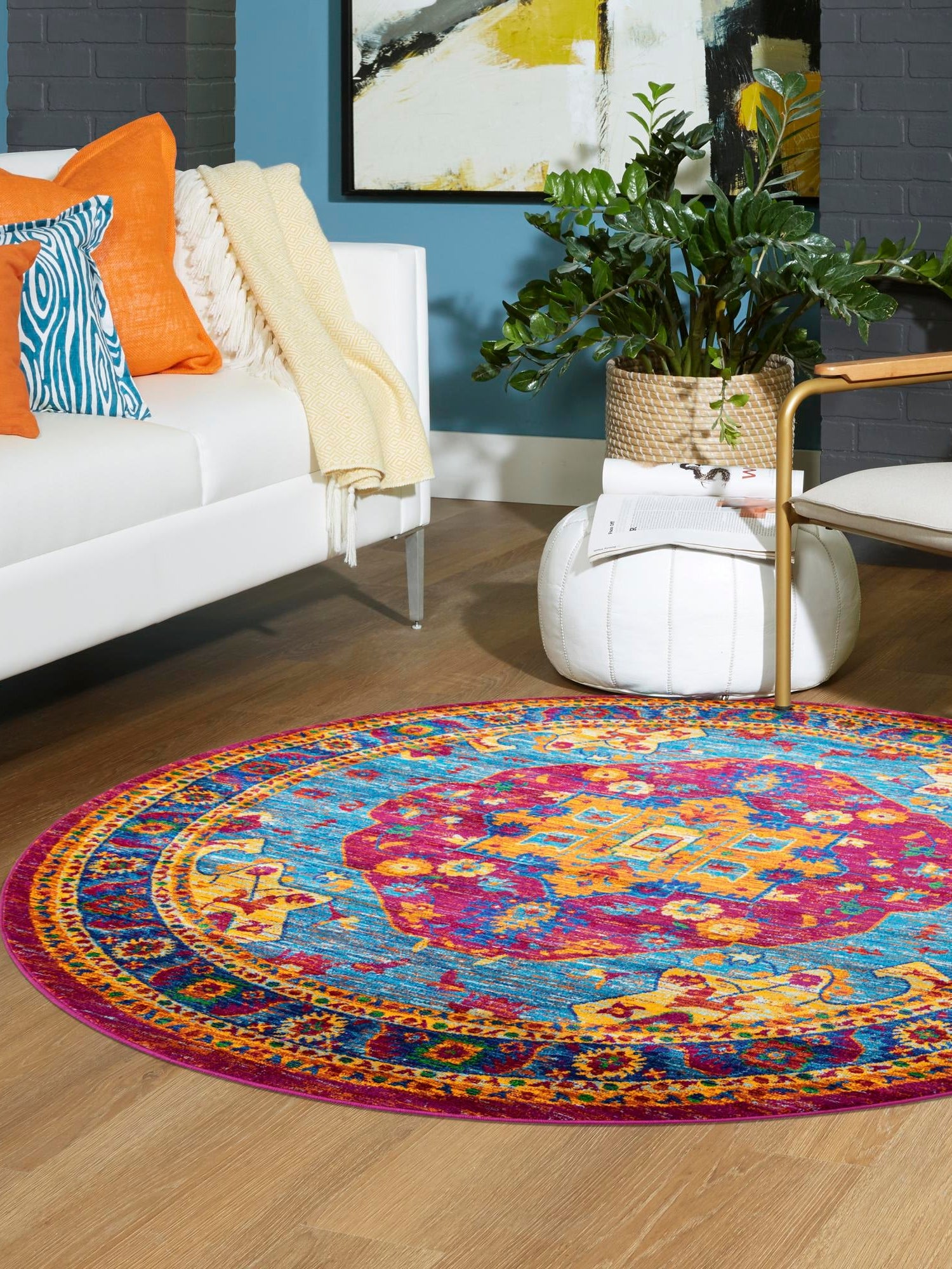 Pink Blue 7' 10 x 7' 10 Calypso Round Area Rug 100% Polypropylene With Cotton Backing Colorful Vivid Traditional Design Carpet for Living Office Dining Rooms for Sale at Rug Engine
