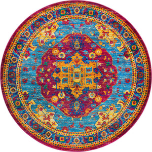 Pink Blue 7' 10 x 7' 10 Calypso Round Area Rug 100% Polypropylene With Cotton Backing Colorful Vivid Traditional Design Carpet for Living Office Dining Rooms for Sale at Rug Engine