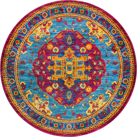 Pink Blue 7' 10 x 7' 10 Calypso Round Area Rug 100% Polypropylene With Cotton Backing Colorful Vivid Traditional Design Carpet for Living Office Dining Rooms for Sale at Rug Engine