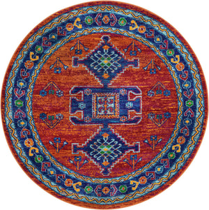 Rust Red Blue 4' 1 x 4' 1 Calypso Round Area Rug 100% Polypropylene With Cotton Backing Colorful Vivid Traditional Design Carpet for Living Office Dining Rooms for Sale at Rug Engine