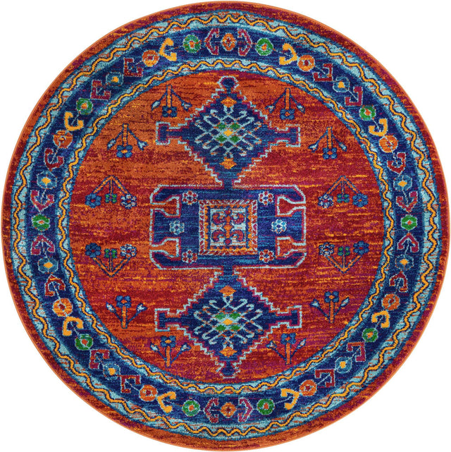 Rust Red Blue 4' 1 x 4' 1 Calypso Round Area Rug 100% Polypropylene With Cotton Backing Colorful Vivid Traditional Design Carpet for Living Office Dining Rooms for Sale at Rug Engine