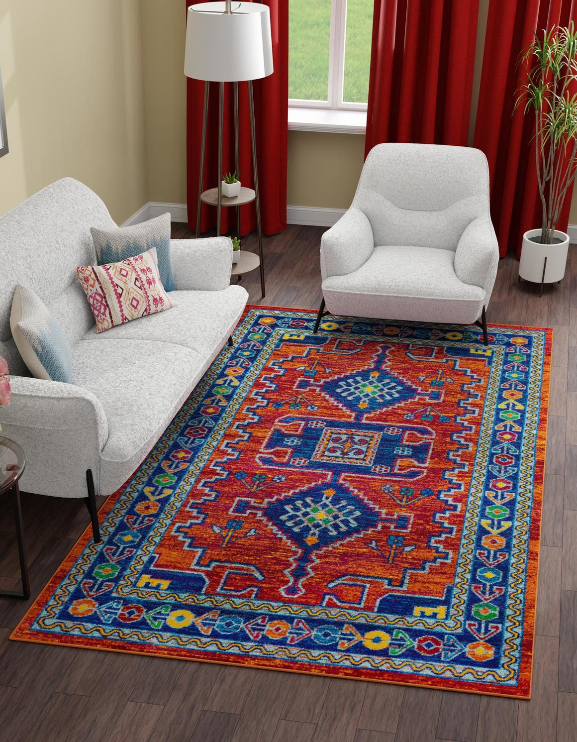 Rust Red Blue 5' 3 x 8' Calypso Rectangle Area Rug 100% Polypropylene With Cotton Backing Colorful Vivid Traditional Design Carpet for Living Office Dining Rooms for Sale at Rug Engine