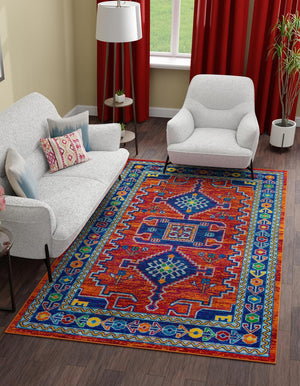 Rust Red Blue 5' 3 x 8' Calypso Rectangle Area Rug 100% Polypropylene With Cotton Backing Colorful Vivid Traditional Design Carpet for Living Office Dining Rooms for Sale at Rug Engine