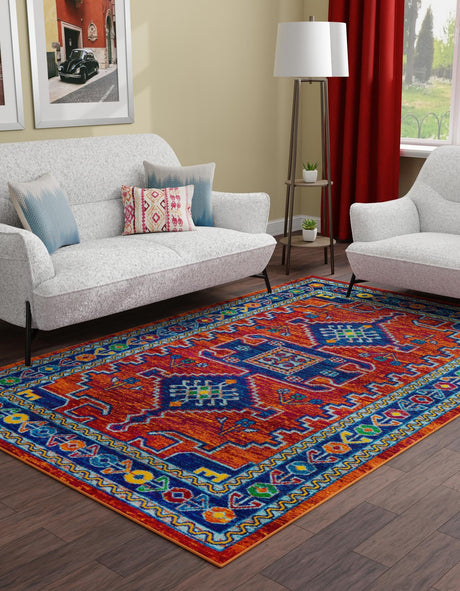 Rust Red Blue 5' 3 x 8' Calypso Rectangle Area Rug 100% Polypropylene With Cotton Backing Colorful Vivid Traditional Design Carpet for Living Office Dining Rooms for Sale at Rug Engine