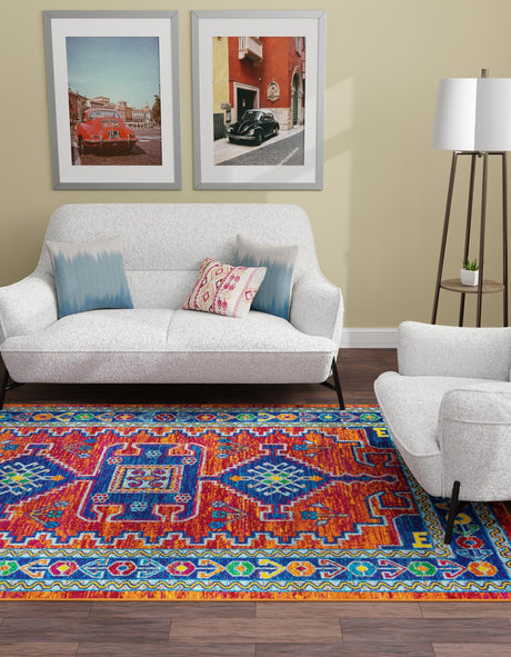 Rust Red Blue 5' 3 x 8' Calypso Rectangle Area Rug 100% Polypropylene With Cotton Backing Colorful Vivid Traditional Design Carpet for Living Office Dining Rooms for Sale at Rug Engine