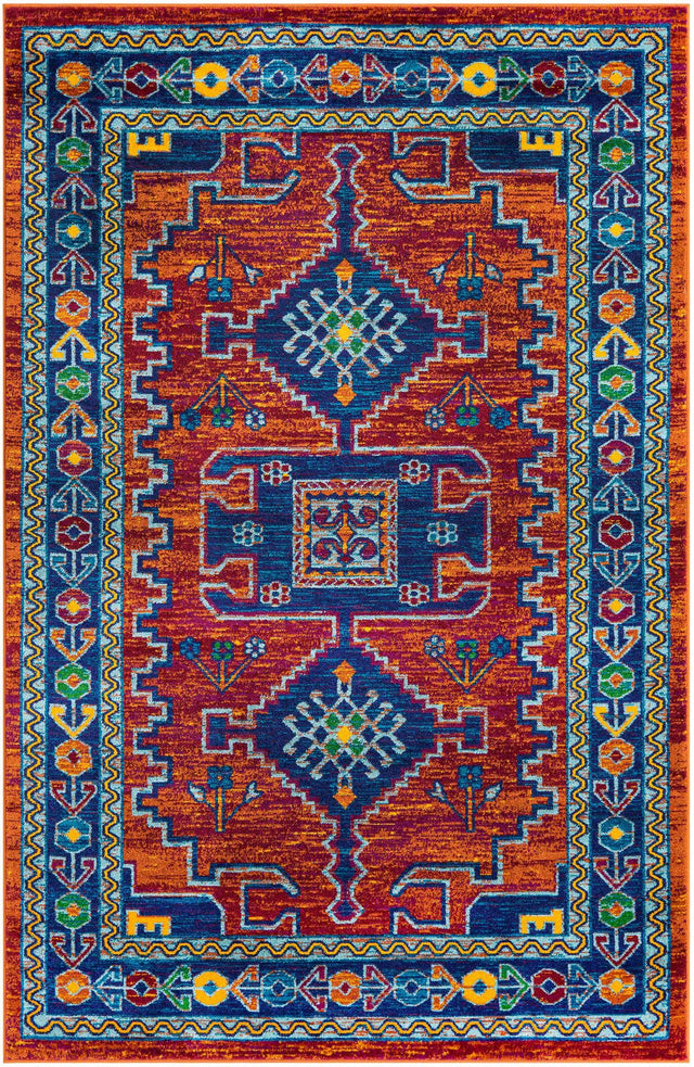 Rust Red Blue 5' 3 x 8' Calypso Rectangle Area Rug 100% Polypropylene With Cotton Backing Colorful Vivid Traditional Design Carpet for Living Office Dining Rooms for Sale at Rug Engine