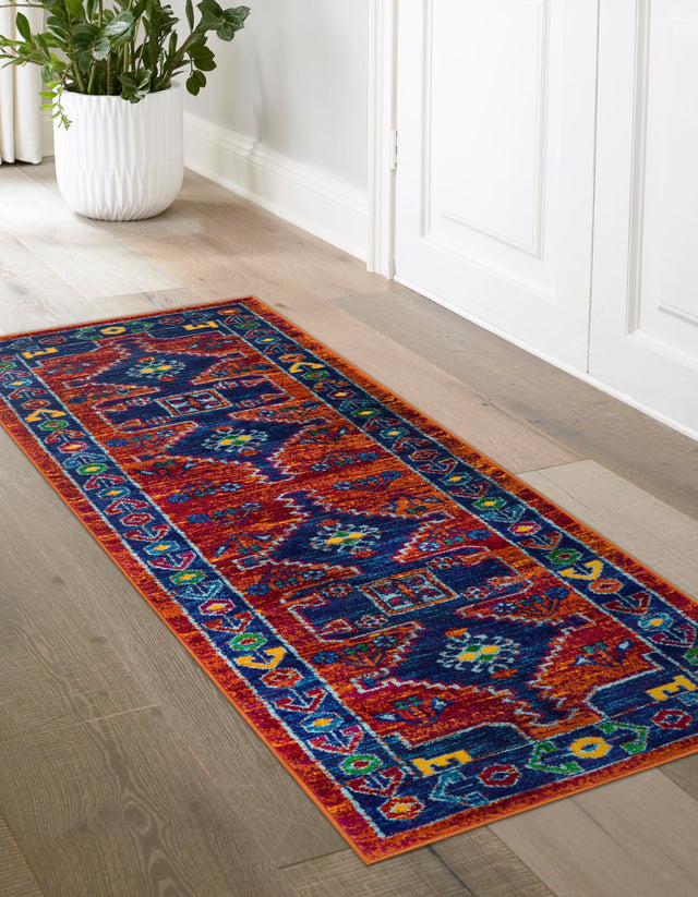 Rust Red Blue 2' x 6' 1 Calypso Runner Area Rug 100% Polypropylene With Cotton Backing Colorful Vivid Traditional Design Carpet for Living Office Dining Rooms for Sale at Rug Engine