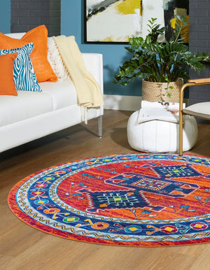 Rust Red Blue 4' 1 x 4' 1 Calypso Round Area Rug 100% Polypropylene With Cotton Backing Colorful Vivid Traditional Design Carpet for Living Office Dining Rooms for Sale at Rug Engine