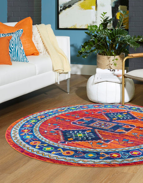 Rust Red Blue 4' 1 x 4' 1 Calypso Round Area Rug 100% Polypropylene With Cotton Backing Colorful Vivid Traditional Design Carpet for Living Office Dining Rooms for Sale at Rug Engine