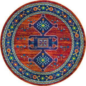 Rust Red Blue 7' 10 x 7' 10 Calypso Round Area Rug 100% Polypropylene With Cotton Backing Colorful Vivid Traditional Design Carpet for Living Office Dining Rooms for Sale at Rug Engine