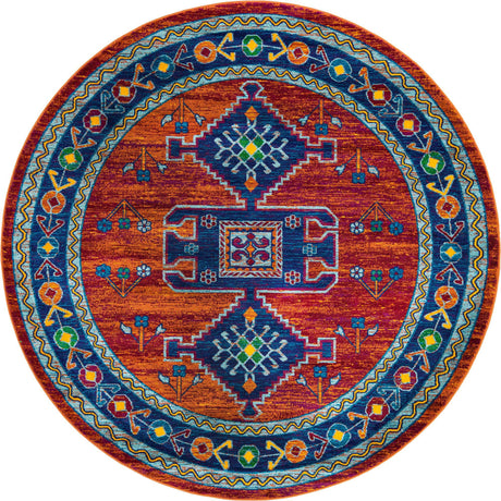 Rust Red Blue 7' 10 x 7' 10 Calypso Round Area Rug 100% Polypropylene With Cotton Backing Colorful Vivid Traditional Design Carpet for Living Office Dining Rooms for Sale at Rug Engine