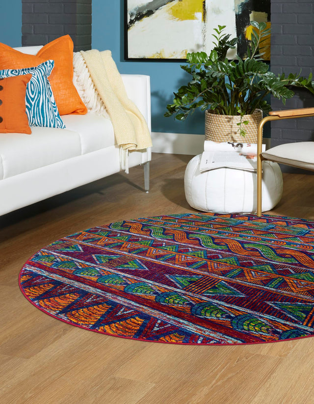 Multicolor 7' 10 x 7' 10 Calypso Round Area Rug 100% Polypropylene With Cotton Backing Colorful Vivid Traditional Design Carpet for Living Office Dining Rooms for Sale at Rug Engine
